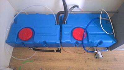 Water tanks for fresh and waste water 2 x 70L (one more for fresh water will be mounted later).<br />Preasure pump and drain are ready