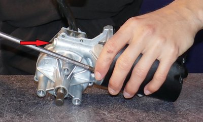 Madenschraube für das Einstellen des Axialspiel der Elektromotorwelle. Dort wo der rote Pfeil ist, nicht dort wo der Schraubenzieher ist!