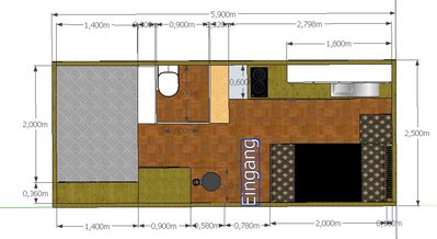 Variante 1: Ofen im Eingangsbereich, Küchenarbeitsplatte verlängert, Schrank neben dem WC-Klotz. Unter der Arbeitsplatte/unten im Schrank sollen die Gasflaschen für den Herd installiert werden.