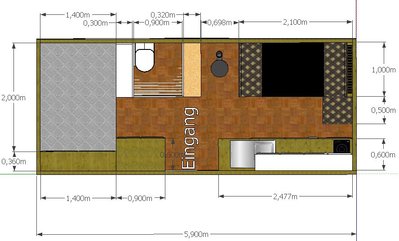 Variante 2: Ofen wieder neben dem WC-Klotz.  Neben dem Ofen/WC-Klotz ein Schrank/Regal, im Eingangsbereich sollte noch was halbhohes eingebaut werden, da hier noch Platz vorhanden ist. Die Aufteilung auf der Küchenplatte ist hier sicher nicht optimal, ich habe die Zeile lediglich gedreht.