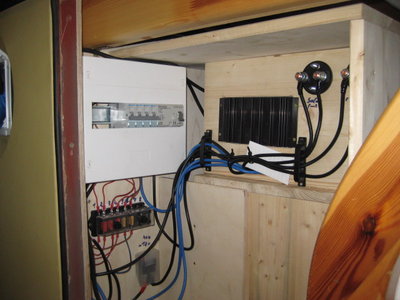Sicherungskasten 230V mit FI 30mA und Sicherungsautomaten 2 Leitungsabschlatbar (wenn die Fase mal vertauscht wurde duch Schukostecker) und 12V, sowie Rückseite der 2 Hauptschalter