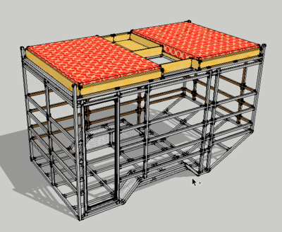 Wohnkabine. SketchUp Skizze (Hauptrahmen und Verstrebung, Verstrebung ist mir Holz beschlagen, zwei 140cm x 200cm Matratzen)