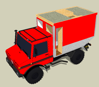 Wohnkabine. SketchUp Skizze auf Unimog, Ohne Dach/Deckel