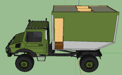 Wohnkabine. SketchUp Skizze auf grünem Unimog, Ohne Dach/Deckel
