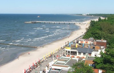 Blick zum Strand in Kolberg vom Leuchtturm am Spätnachmittag
