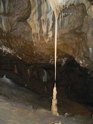&quot;Sie konnten zueinander nicht kommen&quot;- oder auch Romeo und Julia<br /> genannte Stalagtiten/ Stalagmiten- Formation in der Punkva- Höhle im Mährischen Karst nahe Brno/ Brünn.<br />Diese Höhle ist Teil der über 38 Km langen Amateur- Höhle. <br />Vier der über 1000 Höhlen sind zugänglich.<br />.
