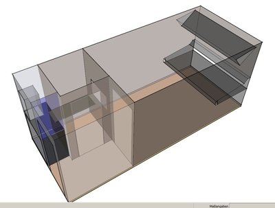 So soll`s werden: Rechts (Wand zum Fahrerhaus) das Mischpult, die Monitore und Racks mit Geräten- links (Fahrzeugheck) ein kleiner Sprecheraum und ein Rack für alle Geräte mit Ventilatoren. Darunter ein Raum für Kabeltrommeln und den Netztrenntrafo.