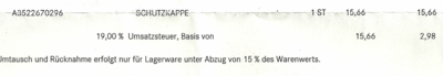 Rechnung für die Schutzkappe von Mercedes