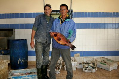 Rechts Hassan , der uns immer sehr sehr gut versorgt . Jeden Tag bringt er nur die beste Langusten und den frischsten Fisch , Sargo ( für mich immer noch der beste Speisefisch überhaupt ) Curbine , Sargala (sehr gut zum dünsten geeignet ) Lulu , Capten , Doraden und und und